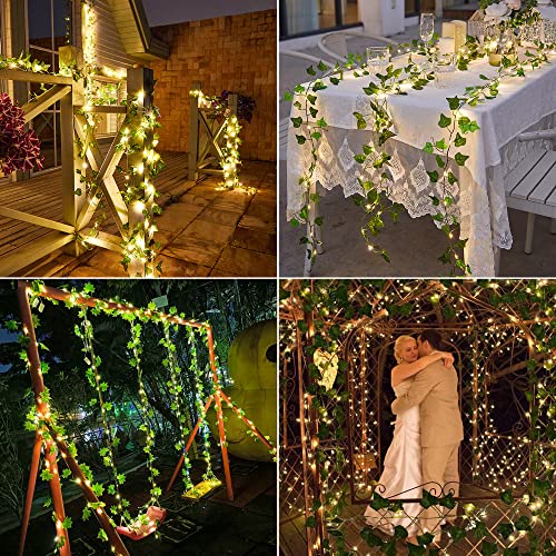 Brizled Solar Vine String Lights, 33ft 100 LED Solar String Lights, 8 Modes Artificial Ivy Leaf Solar Plant Vine Lights, Outdoor Ivy Fairy Lights for Outside Wedding Garden Fence Wall Hanging Decor - color: Warm White-Ivy