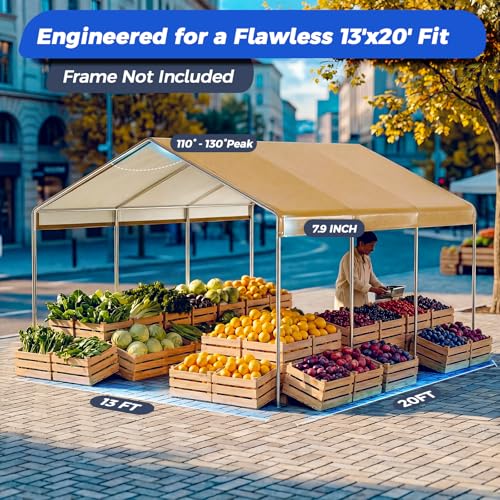 13x20 FT Carport Canopy Replacement Cover, Heavy Duty Car Garage Top Tent Shelter Tarp, Waterproof & UV Protected, Easy Installation with Ball Bungees, Beige (Frame Not Included) - color: Beige, size: 13'x20'