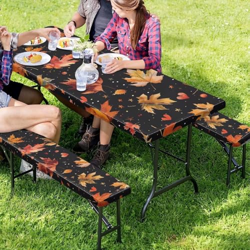 Classic Maple Leaf Elastic Fitted Table Cloth for Camping Party Supplies 3 PCS Set Thanksgiving Outdoor Picnic Table Cover with Bench Covers - color: Classic Maple Leafs, size: Small