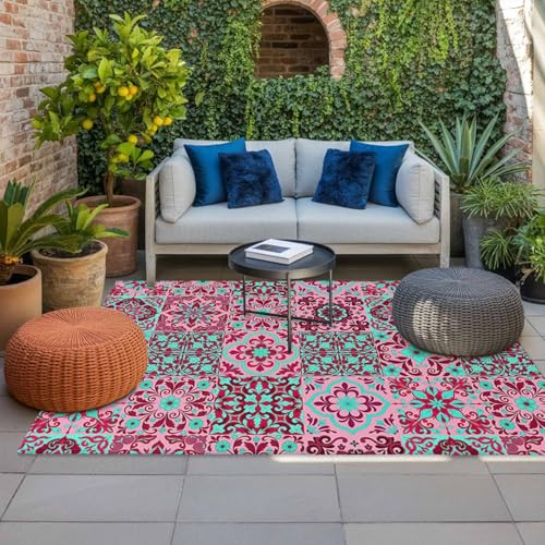 Vintage Middle Century Outdoor Rug 5' x 8', Abstract Bohemia Style Aztec Pink Washable Area Rug for Outdoor Indoor, Non Slip Outside Large Rugs Carpet for RV Patio Backyard Picnic Camping Porch Deck - color: Pink, size: 5' x 8' (Rectangular)