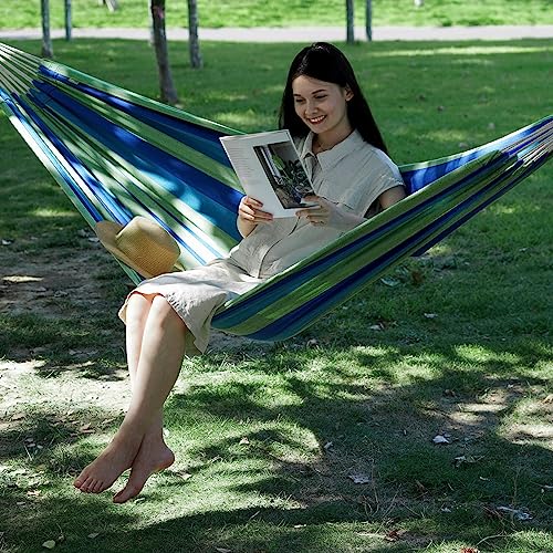 2 Persons Hammock - Portable Camping Bed for Patio, Backyard, Porch, Outdoor and Indoor Use - Soft Cotton Hammock with Carrying Bag - color: Blue Green, size: XX-Large