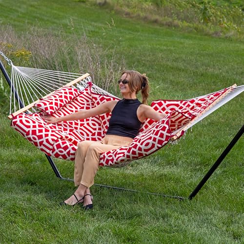Sunnydaze Rope Hammock with Stand for Outside - Heavy Duty Freestanding Portable Outdoor Hammock Set with Quilted Pad, Pillow, and 12-Foot Steel Frame - 275 lb Capacity - Royal Red - color: Royal Red