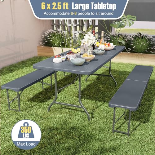 Goplus 6ft Plastic Folding Table, 350 LBS Indoor Outdoor Heavy Duty Portable Folding Tables with HDPE Tabletop, Handle, Lock, Foldable Rectangle Utility Card Table for Picnic, Party, Camping, Dining - color: Grey