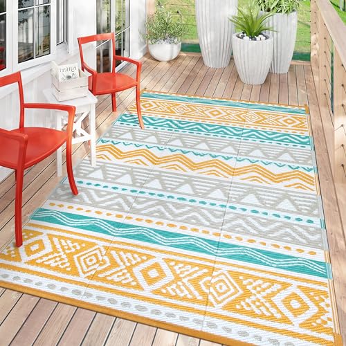 Lahome Outdoor Rug Waterproof, 5x8ft Reversible Outdoor Plastic Straw Rug for Camping Patio, RV Outdoor Rugs Outside, Outdoor Carpet for Porch Deck Backyard Balcony Picnic(Blue/Yellow,5'x 8') - color: Blue/Yellow, size: 5'x8'