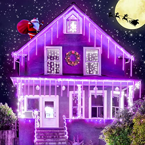 JMEXSUS Solar Christmas Lights Outdoor, 8 Tube 144 LEDs Solar Meteor Shower Lights, Purple Christmas Light for Tree Fence Eaves Patio Yard Holiday Party Decor - color: Purple, size: 1*144LED