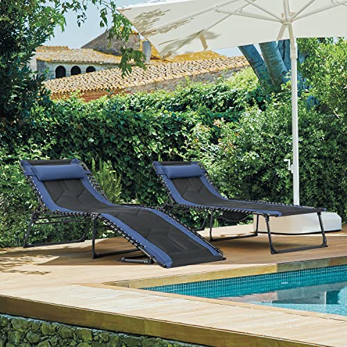Flamaker Folding Chaise Lounge Outdoor Portable Lounge Chairs 4-Position Adjustable Camping Lounge Chair with Pillow & Side Bag Lightweight Recliner Sunbathing Chair for Pool Beach Deck (Blue) - color: Blue