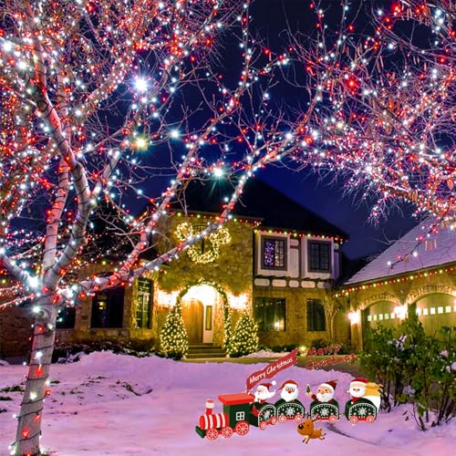 75.8 FT 200 LED Red and White Christmas Lights Outdoor Indoor, Timer & Memory Function & 8 Modes, Extendable Green Wire, Waterproof Fairy Twinkle Lights for Xmas Tree Holiday Party Garden Yard Decor - color: Red & White, size: 200LED