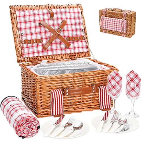 Wicker Picnic Basket for 2 with Large Insulated Cooler Compartment and Waterproof Picnic Blanket, Cutlery Service Kits, Wicker Picnic Hamper for Camping, Valentine Day,Thanks Giving,Birthday(Red) - color: Red Check