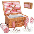Wicker Picnic Basket for 2 with Large Insulated Cooler Compartment and Waterproof Picnic Blanket, Cutlery Service Kits, Wicker Picnic Hamper for Camping, Valentine Day,Thanks Giving,Birthday(Red) - color: Red Check