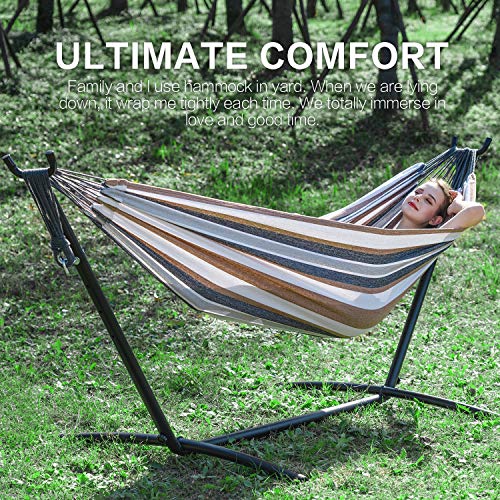 PNAEUT Double Hammocks with Stand for Outside, Portable Space Saving Heavy-Duty Steel Frame for Indoor Outdoor Patio Yard, Easy Assembly, 2 Person 450 lbs Capacity (Coffee) - color: Coffee