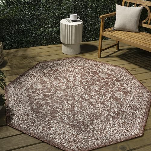 JONATHAN Y Weave Floral Indoor Outdoor Octagon Area Rug 8 Ft Red/Taupe, Tela Bohemian Textured for Backyard, Patio, Porch, Easy-Cleaning, High Traffic, Pet-Friendly, Non-Shedding (SMB100A-8TGN) - color: Red/Taupe, size: 7'9" x 7'9" (Octagonal)