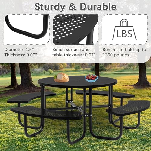 46-inch Black Round Outdoor Picnic Table with Umbrella Hole - Heavy Duty Coated Steel Metal Patio Dining Set for Garden, Courtyard, BBQ & Commercial Use - color: Black-round