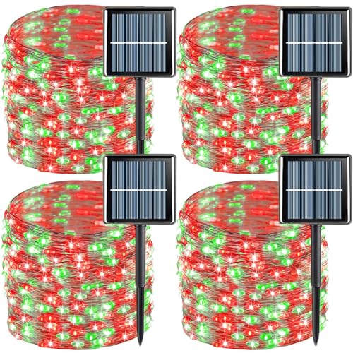 QITONG 4 Pack Solar Fairy Lights, Each 33ft 100 LED Red and Green Christmas String Light Outdoor Waterproof, 8 Modes Silver Wire Twinkle Mini Lights - color: Red/Green, size: 4Pack*100LED