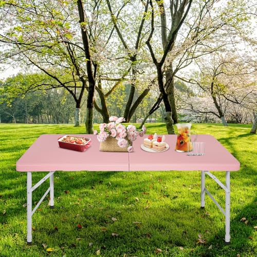 Portable Plastic Folding Table 4ft/6ft/8ft Heavy Duty White Black Picnic Dining Table Fold-in-Half for Camp Party Kitchen Indoor Outdoor - color: Pink, size: 4FT, style: Flat Desktop