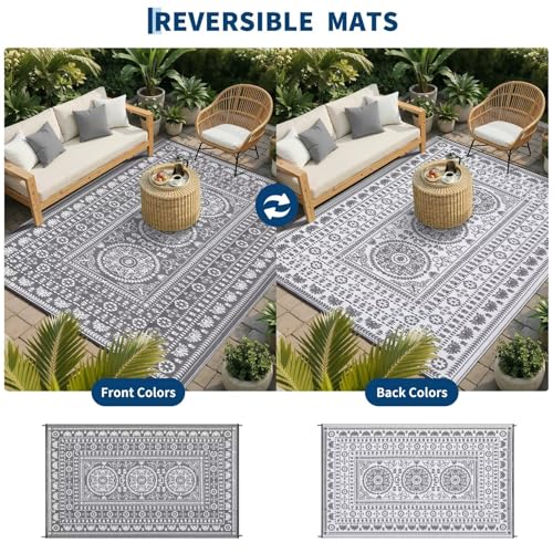 Garvee Reversible Outdoor Rug 8x10 for Patio, Waterproof Outdoor Area Rug, Modern Medallion Indoor Outdoor Rugs, Plastic Straw Rug for RV, Camping, Deck, Vintage Grey - color: Grey & White, size: 8' x 10' (Rectangular)