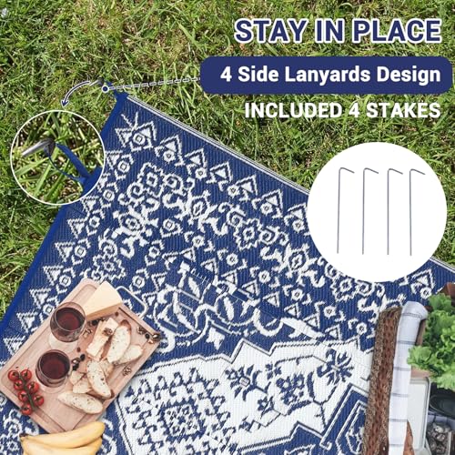 GarveeHome Outdoor Rug Waterproof 9x12 Reversible Outdoor Plastic Straw Rug Oriental Medallion Patio Rug Indoor Outdoor Carpet RV Mat for Deck Backyard Patio RV Camping Beach, Dark Blue and White - color: Vintage Navy/White, size: 9' x 12' (Rectangular)