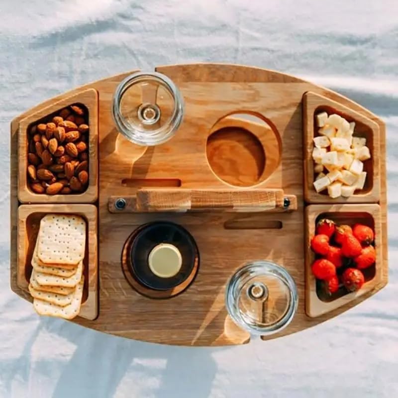 Folding Wooden Picnic Table with Wine Glass Holder - Portable Camping Table for Beach, Park & Outdoor Use, Champagne and Beverage Stand - color: C