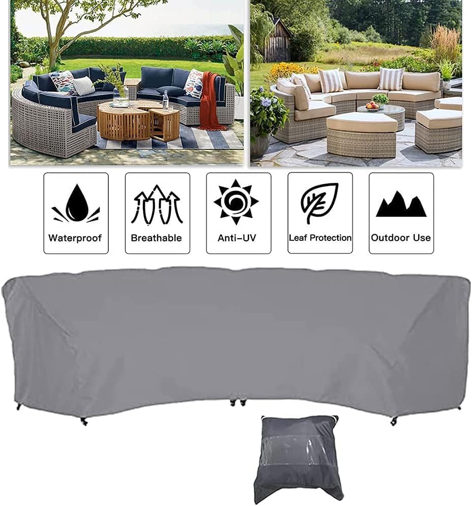 Curved Sofa Cover Outdoor Couch Sectional Protector Waterproof Half Moon Sofa Set Cover with Windproof Elastic Cord for Garden Lawn Indoor Grey (190.1x38.9x36.2in/483x99x92cm) - size: 190.1x38.9x36.2in/483x99x92cm