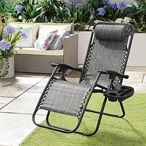 GUNJI Zero Gravity Chair Outdoor Lawn Folding Lounge Chairs Adjustable Reclining Patio Chairs Set of 2 with Cup Holder Lounge Gravity Chairs for Poolside, Backyard, Beach and Camping (Gray) - color: Grey