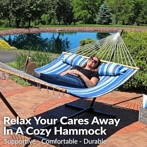 Sunnydaze Quilted Double Hammock for Outside with Spreader Bars and Pillow - 450 lb Capacity, 74x55 Inch Bed, UV Resistant, Quick Dry - Chains Included, Stand Sold Separately - Misty Beach - color: Misty Beach