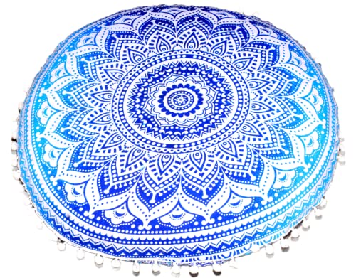 CRAFT KALA Round Mandala Boho Pillow Cover Meditation India Room Seating Poufs Cover for Living Room Yoga Room Home Décor Bedroom Balcony Garden Decoration Cotton Floor Cushion Cover (22", Blue Ombre) - color: Blue Ombre, size: 22"
