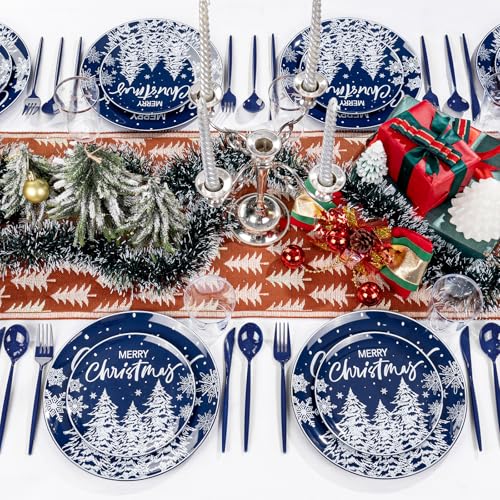 Supernal 150pcs Blue Christmas Plastic Plates - Christmas Party Tableware Set Include Blue Plastic Plates with White Xmas Trees, Heavy Duty Silverware Disposable, Silver Cups for New Year - color: 150pcs Blue and White Christmas Plastic Dinnerware Set