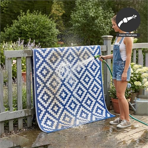 FH Home Outdoor Rug - Waterproof, Fade Resistant, Reversible - Premium Recycled Plastic - Geometric - Large Patio, Deck, Sunroom, Camping, RV - Aztec - Blue & White Crease Free - 6 x 9 ft - color: Aztec - Blue & White, size: 6' x 9' (Rectangular)