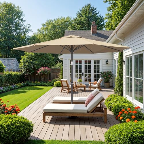 Outdoor Patio Umbrella, Table Umbrella with Push Button Tilt and Crank, 8 Ribs Market Umbrella - color: Beige-Steel Ribs, size: 9FT