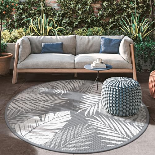 GENIMO Outdoor Rug 8' Round Waterproof for Patios Clearance, Reversible Outdoor Plastic Straw Camping Rug Carpet, Large Area Rugs Mats for RV, Camper, Deck, Balcony, Porch, Beach, Picnic, Grey&White - color: Grey & White | Waterproof, size: 8' (Round)