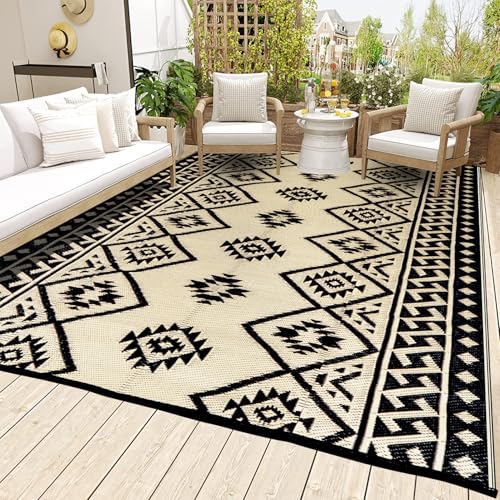 Outdoor Rugs - Outdoor Rug 8x10 Patio Rug Plastic Straw Rug Clearance Waterproof, Large Outdoor Area Rug Carpet for Outside, RV, Deck, Picnic, Beach, Camping, Black & Beige - color: 01/Black & Beige, size: 10' x 8' (Rectangular)