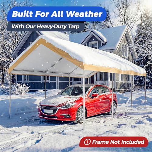 10x20 FT Carport Canopy Replacement Cover, Heavy Duty Car Garage Top Tent Shelter Tarp, Waterproof & UV Protected, Easy Installation with Ball Bungees, Beige (Frame Not Included) - color: Beige, size: 10'x20'