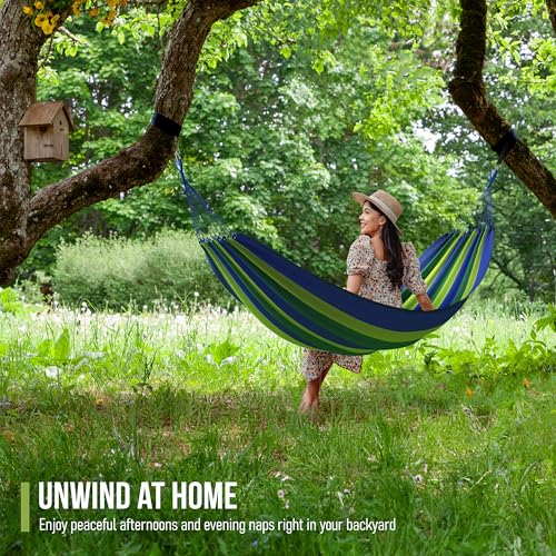 Sorbus Brazilian Double Hammock - Extra-Long 2 Person Portable Hammock Bed for Indoor or Outdoor Spaces - Hanging Rope, Carrying Pouch Included (Blue/Green Stripes) - color: Blue/Green Stripes
