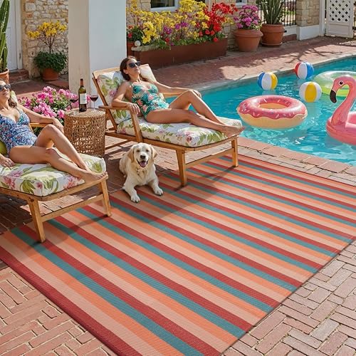 PureCozy Outdoor Waterproof Patio Rug 5x8 Plastic Straw Reversible Outside Orange Red Colorful Striped Carpet Lightweight Large Rug for Camping RV Porch Deck Balcony Beach - color: Stripe | Orange Red, size: 5' x 8' (Rectangular)