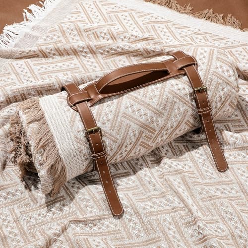 VitalCozy Waterproof Picnic Blankets 71×71 inch Outdoor Blanket Foldable 2 in 1 Double Layer Sandproof Beach Mat with Carry Strap for Camping Lawn Park Beach Grass(Khaki) - color: Khaki