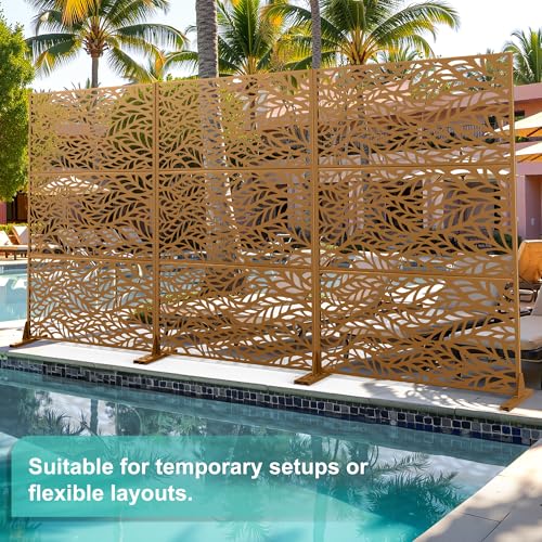 Modern Metal Privacy Screen, Patio Outdoor Privacy Panels with Stand, Freestanding Outdoor Divider for Yard, Deck＆Garden(71.3"*47.3"*15.7") - color: Brown,Flowleaf