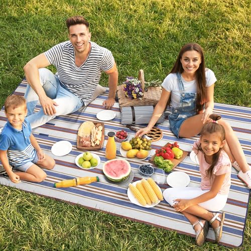 CARSTENS, INC. Easy Pack Water Resistant Sandproof Woven Picnic Blanket, Lightweight Foldable Outdoor Camping Beach Mat, Large 60"x80", Seashore Stripe - color: Seashore Stripe