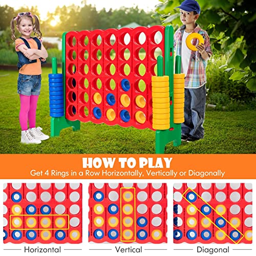 KOTEK Giant 4-in-a-Row Game Set, 3.5 Feet Tall Jumbo 4-to-Score Family Fun Game with Quick-Release Sliders & 42 Large Rings, Oversized Connect Plastic Yard Game Outdoor for Kids & Adults (Green+Red) - color: Green+red