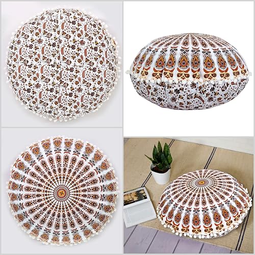 Indian Consigners Floor Cushion Covers 22" Round Mandala Ombre Zipped Ottoman Cover - color: Yellow-brown