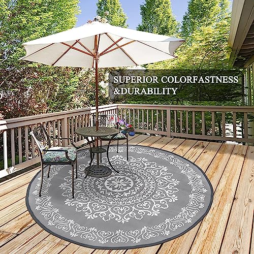Pauwer Waterproof Outdoor Rug 6ft, Reversible Plastic Straw Patio Camping Rug, Indoor Outdoor RV Mat Carpet for Deck, Camper, Porch, Balcony, Backyard, Picnic, Floral Grey - color: Floral Grey, size: 6' (Round)