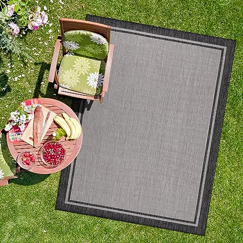 CAMILSON Indoor Outdoor Rug, 8x10 Bordered Gray Modern Area Rugs for Indoor and Outdoor Patios, Kitchen and Hallway Mats, Washable Porch Deck Outside Carpet (Bordered Grey, 8 x 10) - color: Bordered Grey, size: 8' x 10' (Rectangular)