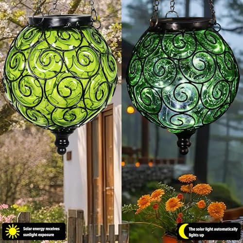 Solar Hanging Lantern Outdoor Garden Lights, Round Glass and Metal Hanging Lantern, 15 Firefly LED Lights, 7 x 20 Inch (Green) - color: Green
