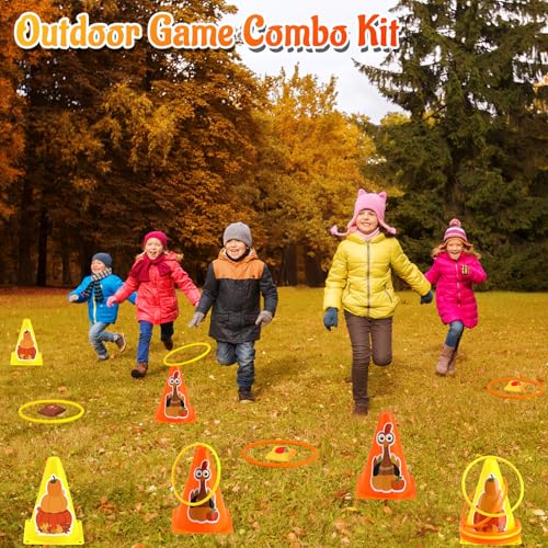4 in 1 Fall Festival Thanksgiving Party Games with Ring Toss, Plastic Cones, Bean Bags, 3-Legged Race Bands, Thanksgiving Games for Family Boy Girl Adult Carnival Friendsgiving Outdoor Yard Activities - color: Fall Thanksgiving Orange