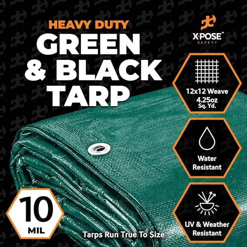 Heavy Duty Poly Tarp - 10' X 10' - 10 Mil Thick Waterproof, UV Blocking Protective Cover - Reversible Green and Black - Laminated Coating - Grommets - by Xpose Safety - color: Green/Black, size: 10 Feet x 10 Feet