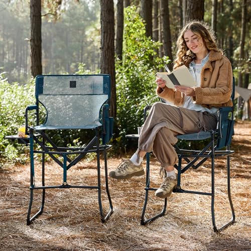 EVER ADVANCED Portable 30.7" Seat Height Tall Folding Camping Chair Directors Chair High Foldable Bar Stool with Side Table for Makeup Artist, Sports Event, Craft Show, Stretch Mesh, Supports 350LBS - color: Teal Mesh
