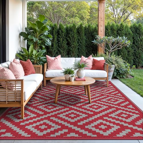 GENIMO Outdoor Rug for Patio Clearance, 9'x12' Reversible Plastic Straw Rugs, Lightweight Waterproof RV Camping Mat for Camper, Balcony, Deck, Backyard, Picnic, Red Grey - color: Red & Grey, size: 9' x 12' (Rectangular)