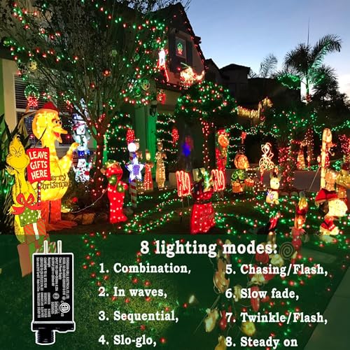 KNONEW Outdoor Christmas Lights 500 LED 197ft String Lights 8 Modes & Memory Fairy Light Plug in Waterproof LED String Lights for Xmas Yard Tree Wedding Decoration (Red and Green) - color: Red and Green, size: 197FT 500 LED