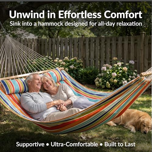 Sunnydaze Quilted Double Hammock for Outside with Spreader Bars and Pillow - 450 lb Capacity, 74x55 Inch Bed, UV Resistant, Quick Dry - Chains Included, Stand Sold Separately - Caribbean Stripe - color: Caribbean Stripe