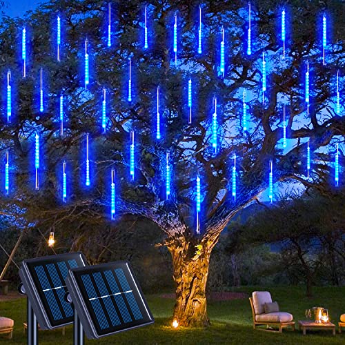 JMEXSUSS 2 Pack Solar Meteor Shower Lights, Blue Meteor Cascading Rain Lights, Waterproof for Tree/Garden Party Christmas Decor - 16 Tubes, 288 LED - color: Blue, size: 2*144LED