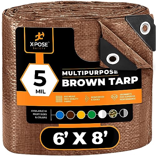 Multipurpose Protective Cover Brown Poly Tarp 6' x 8' - Durable, Water Resistant, Weather Resistant - 5 Mil Thick Polyethylene - by Xpose Safety - color: Brown, size: 6 Feet X 8 Feet