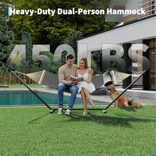 Double Hammock with Stand - Heavy Duty Portable 2 Person Design with Adjustable Steel Stand, Max 450LBS, Ideal for Outdoor Patio, Garden, Beach & Backyard - color: L-dark Grey